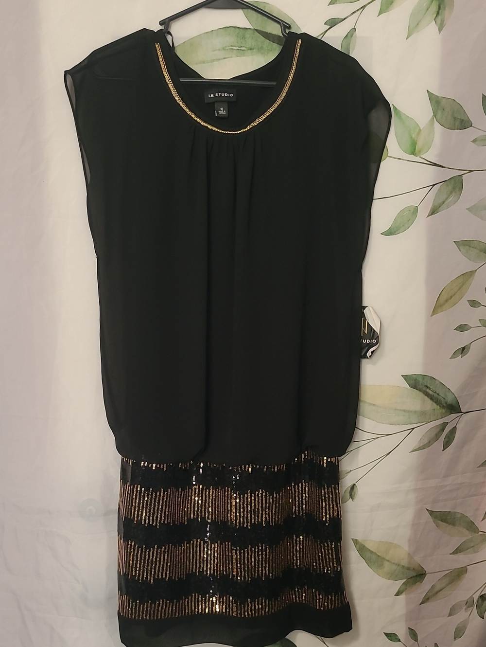 I.N. Studio Black Dress with Gold Sequin Stripe Skirt